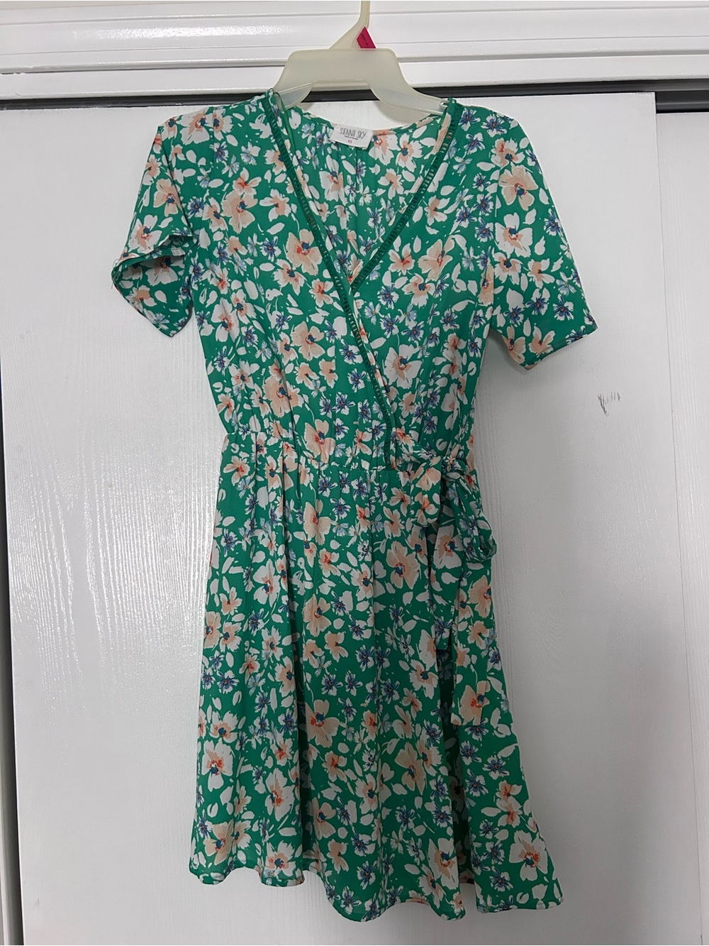 Sienna Sky Green Floral Wrap Dress with Cream and Pink Blooms